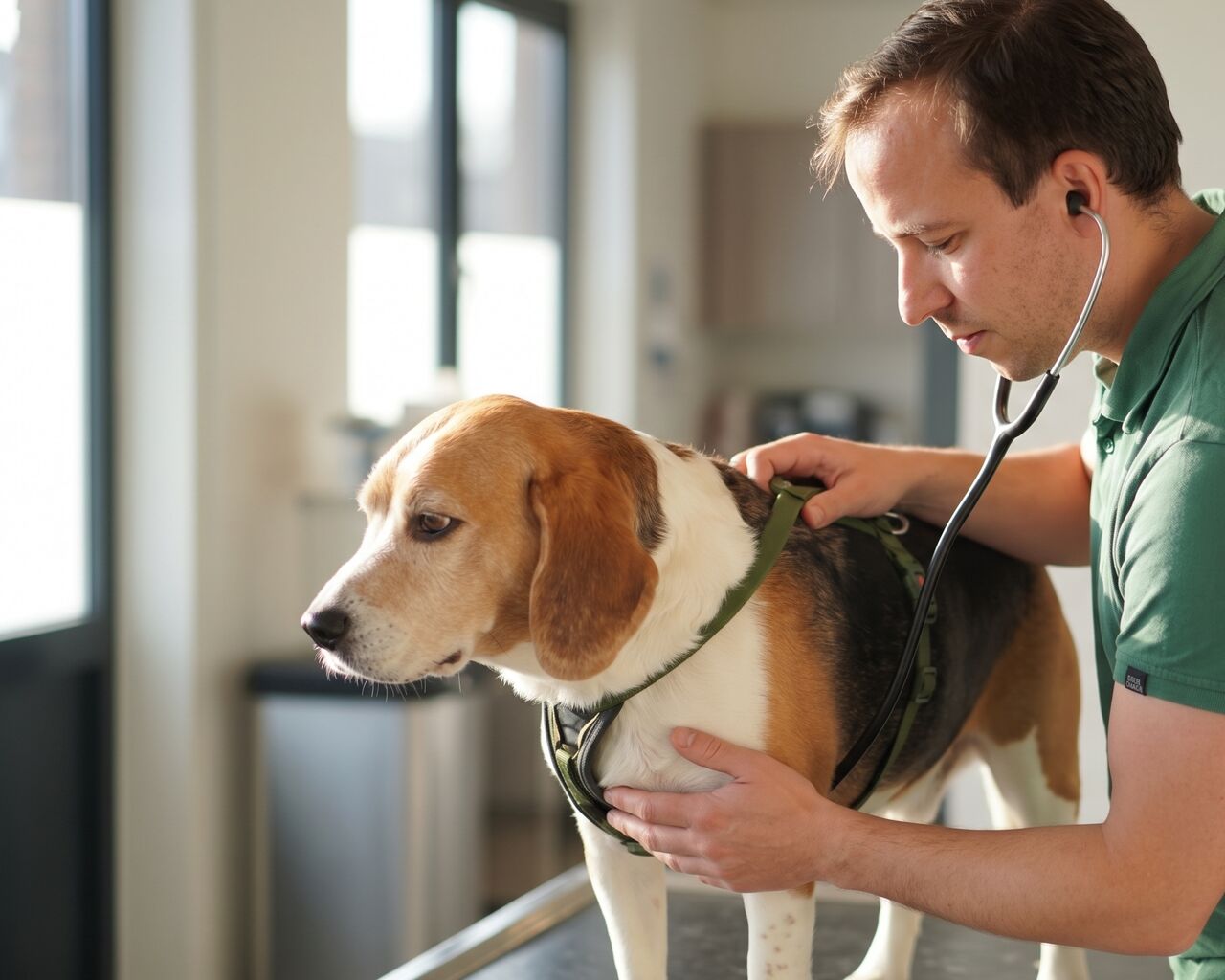 Vétérinaire auscultant un beagle pendant une consultation