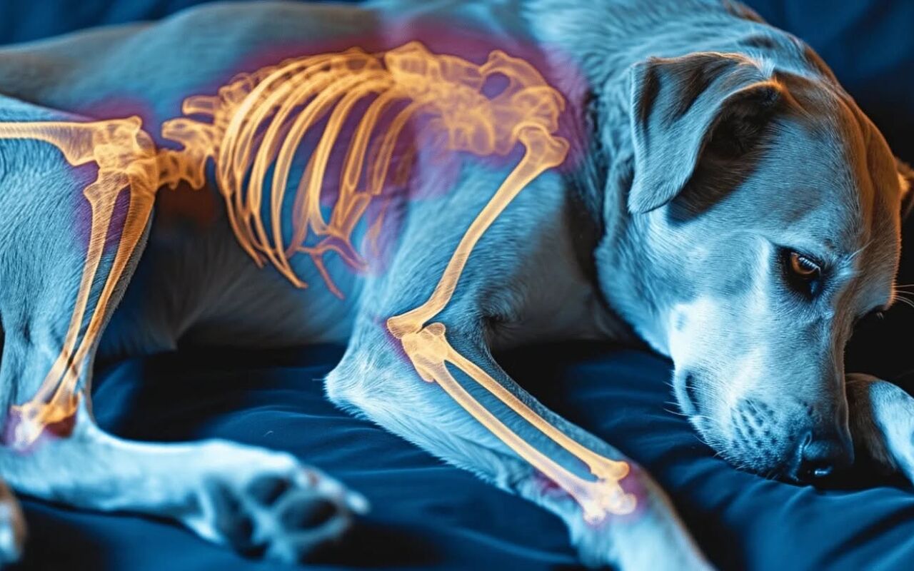 Illustratie van het skelet van een liggende hond